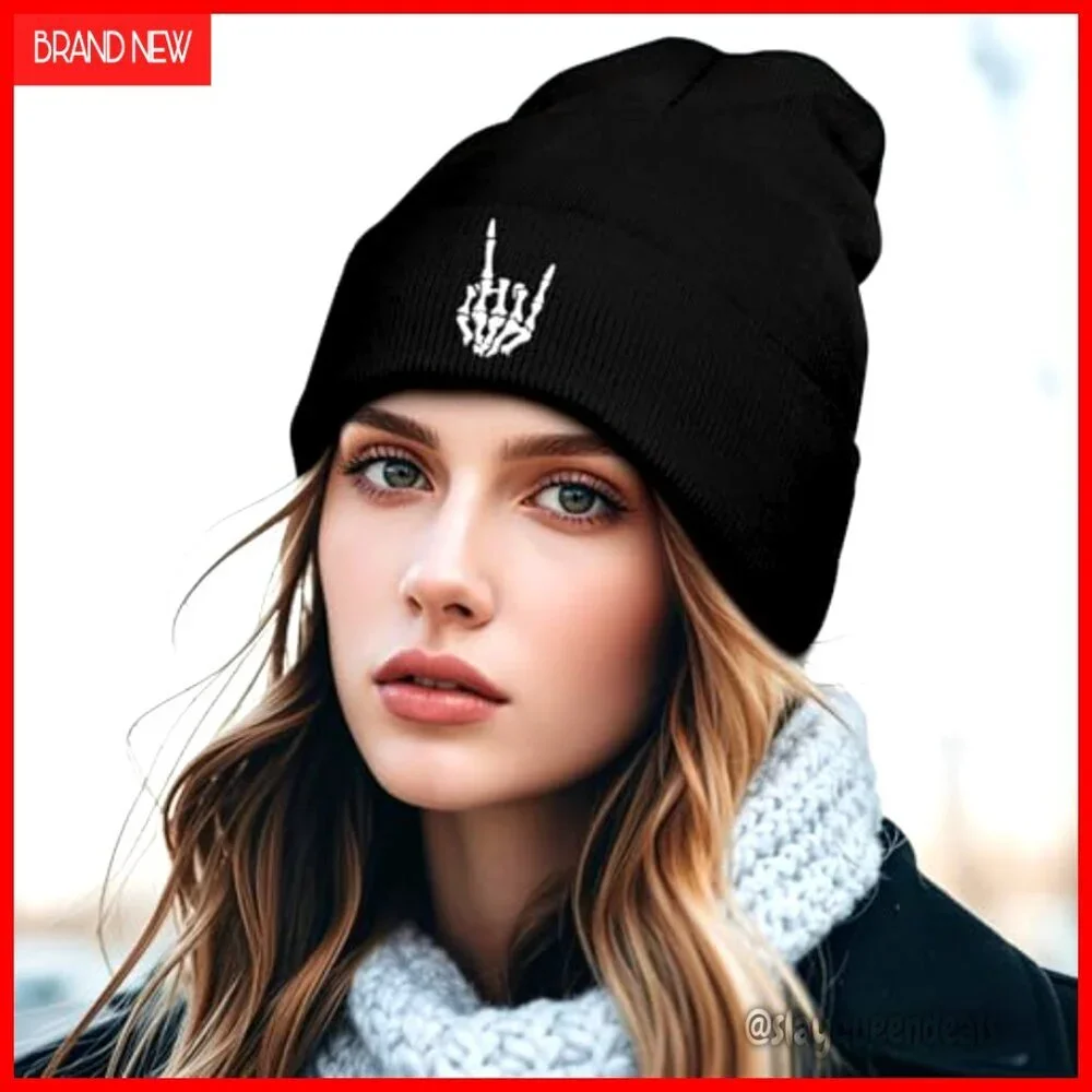 Unisex Skull Embroidered Knit Beanie, Acrylic Stretchy Fit, Gothic Style